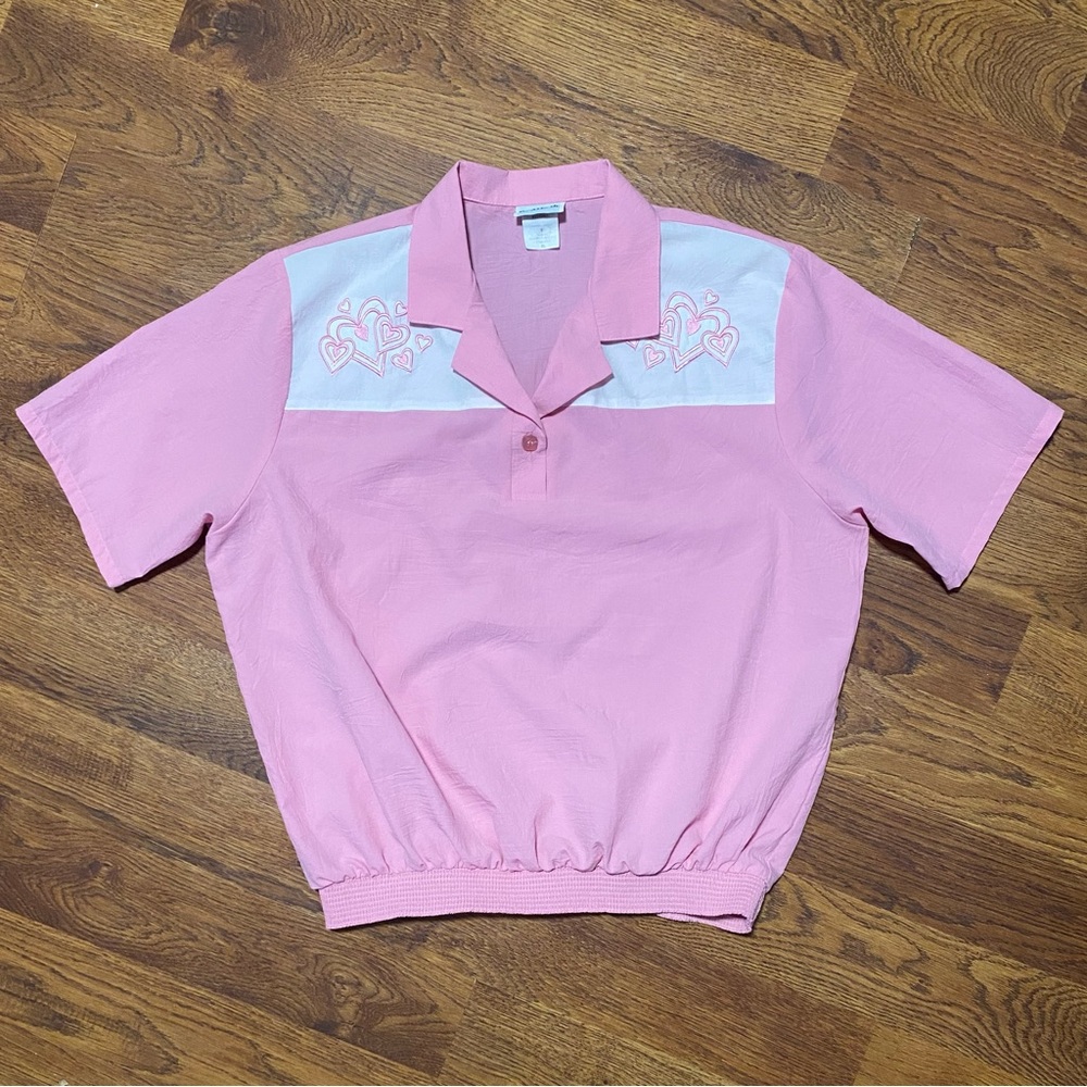 BonWorth Vintage Pink Heart Blouse Sz XL Retro Granny Diner Tennis Cute Quirky